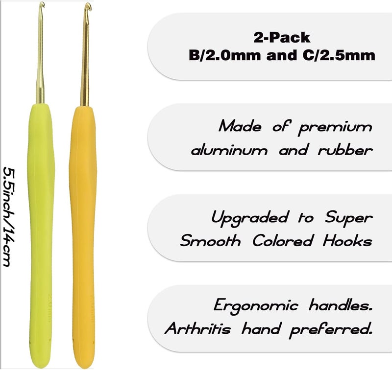 YOJOB 2Pack Size B / 2mm, C / 2.5mm Crochet Hooks, Super Smooth & Ergonomic for Beginner and Advanced (2.0mm, 2.5mm) - Image 2